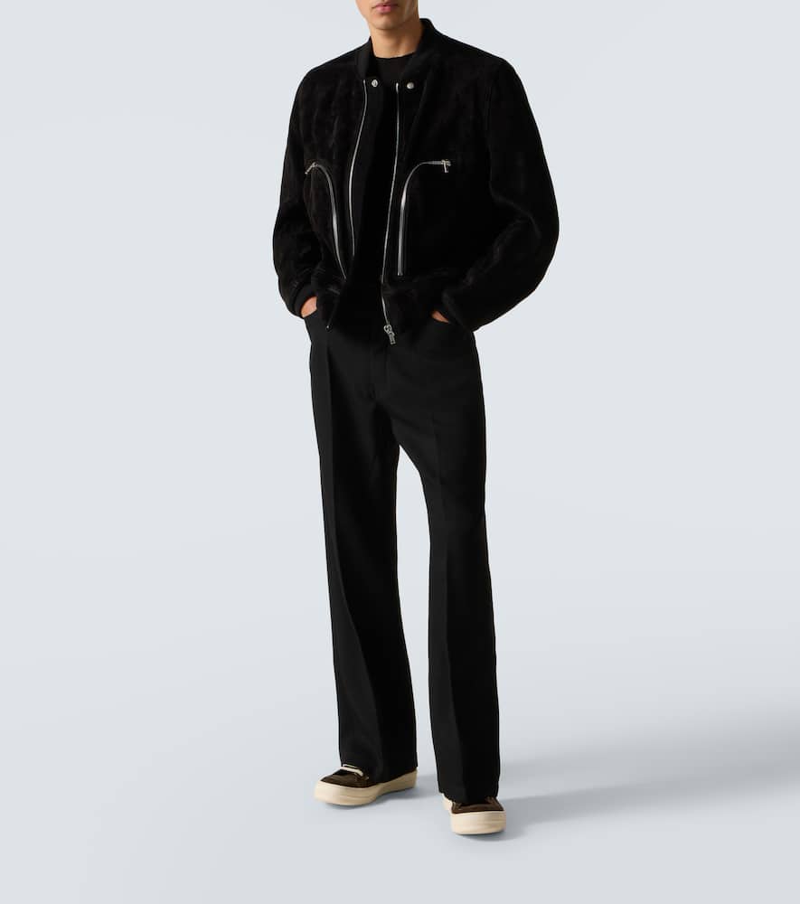 Rick Owens Leather Jacket With High Collar And Ribbed Accents In Black