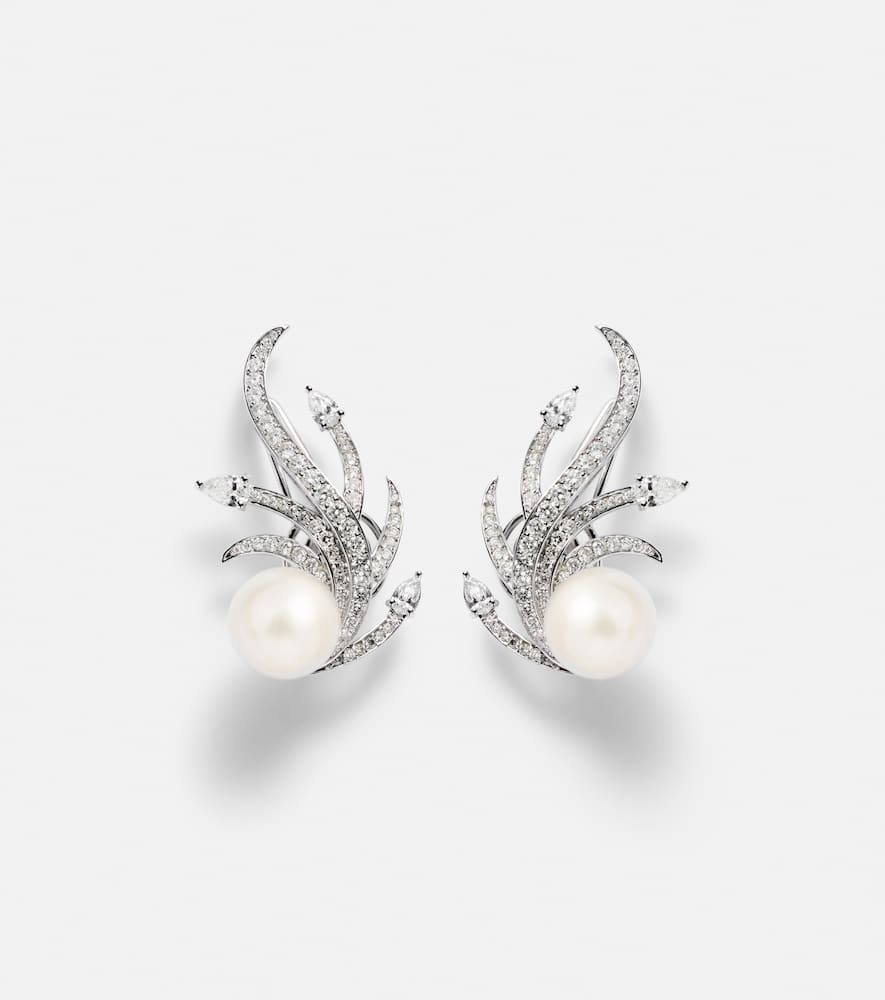 18kt white gold clip-on earrings with diamonds and freshwater pearls