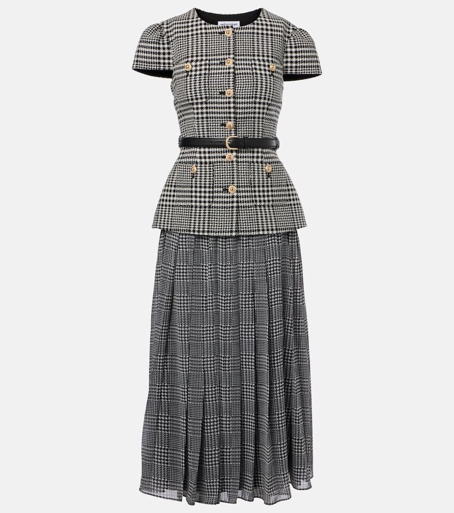 Belted houndstooth pleated midi dress