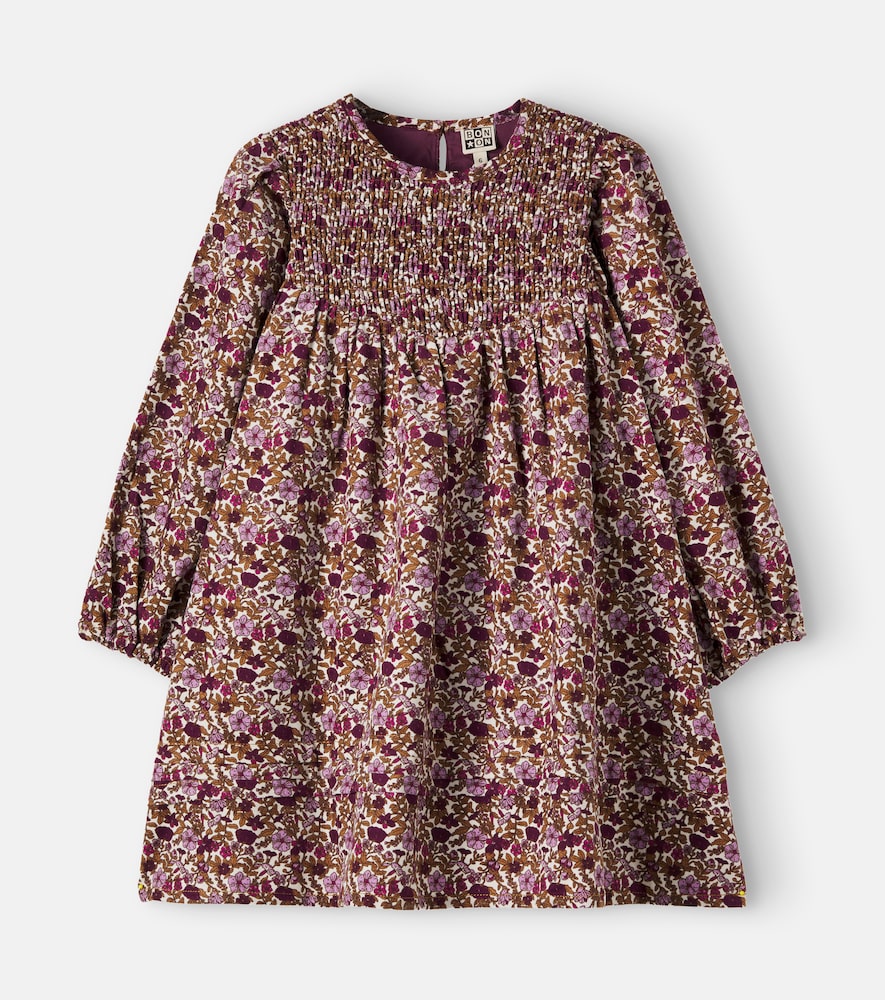 Bonton Perle Floral Shirred Cotton Corduroy Dress In Multicoloured