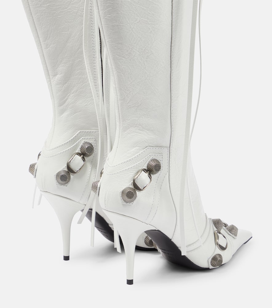 Shop Balenciaga Cagole Leather Knee-high Boots In White/pallad Inv