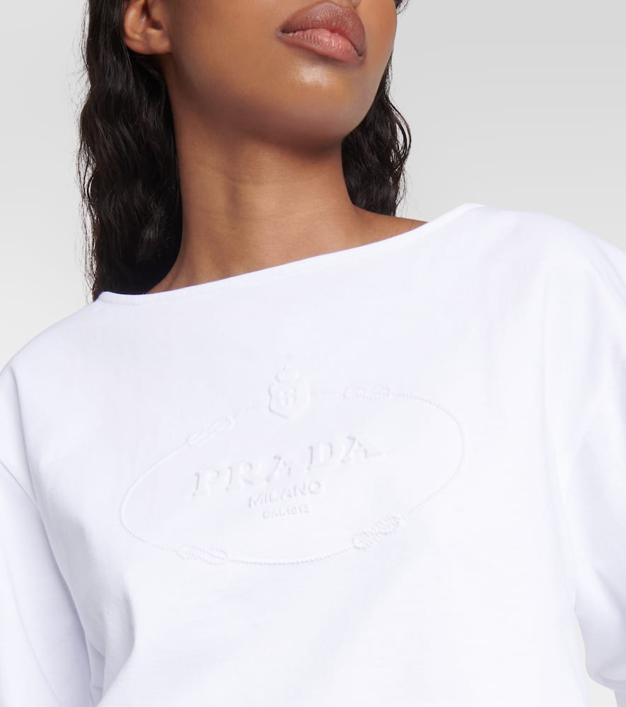 Prada Logo Cotton Jersey Crop Top In White
