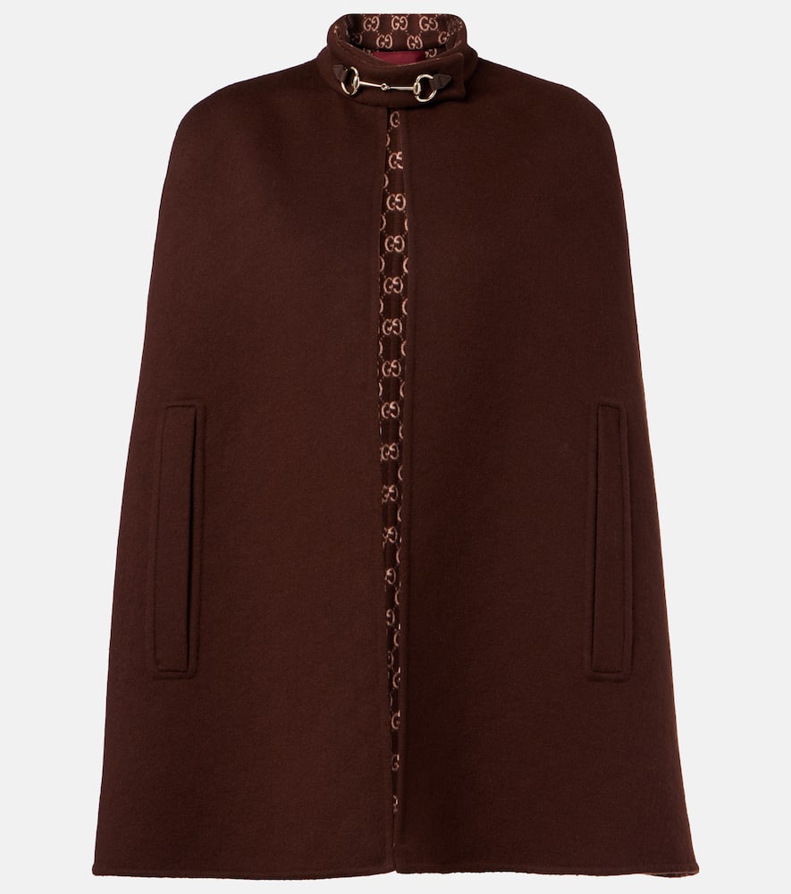 Gucci Brown Cape With Iconic Clamp And Gg All-over Motif Interior In Wool Woman In Brown