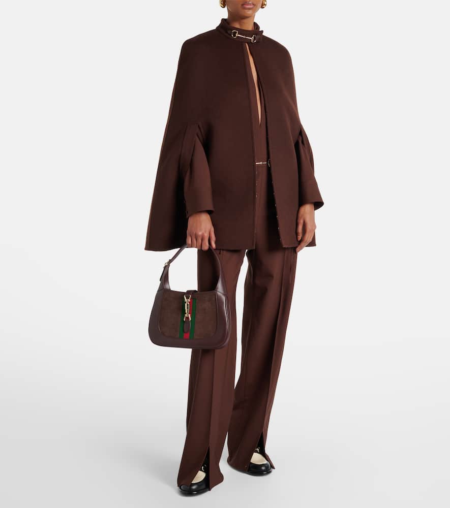 Gucci Brown Cape With Iconic Clamp And Gg All-over Motif Interior In Wool Woman In Brown