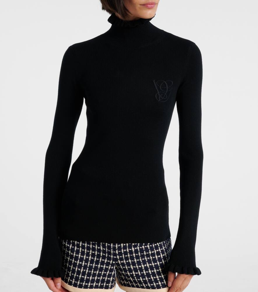 Valentino Garavani Ruffle Trim Rib Virgin Wool Sweater In Black
