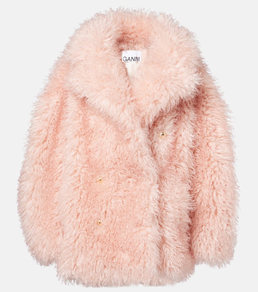 Ganni Teddy-textured Double-breasted Coat In Pink