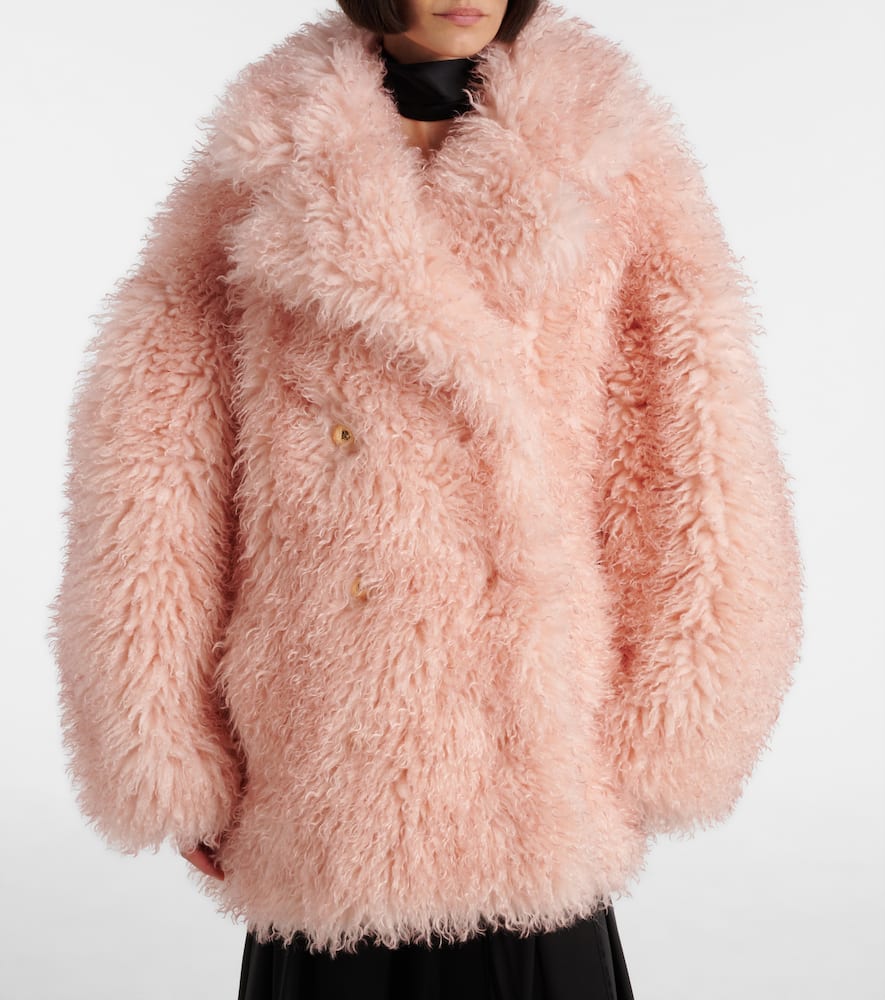 Ganni Teddy-textured Double-breasted Coat In Pink