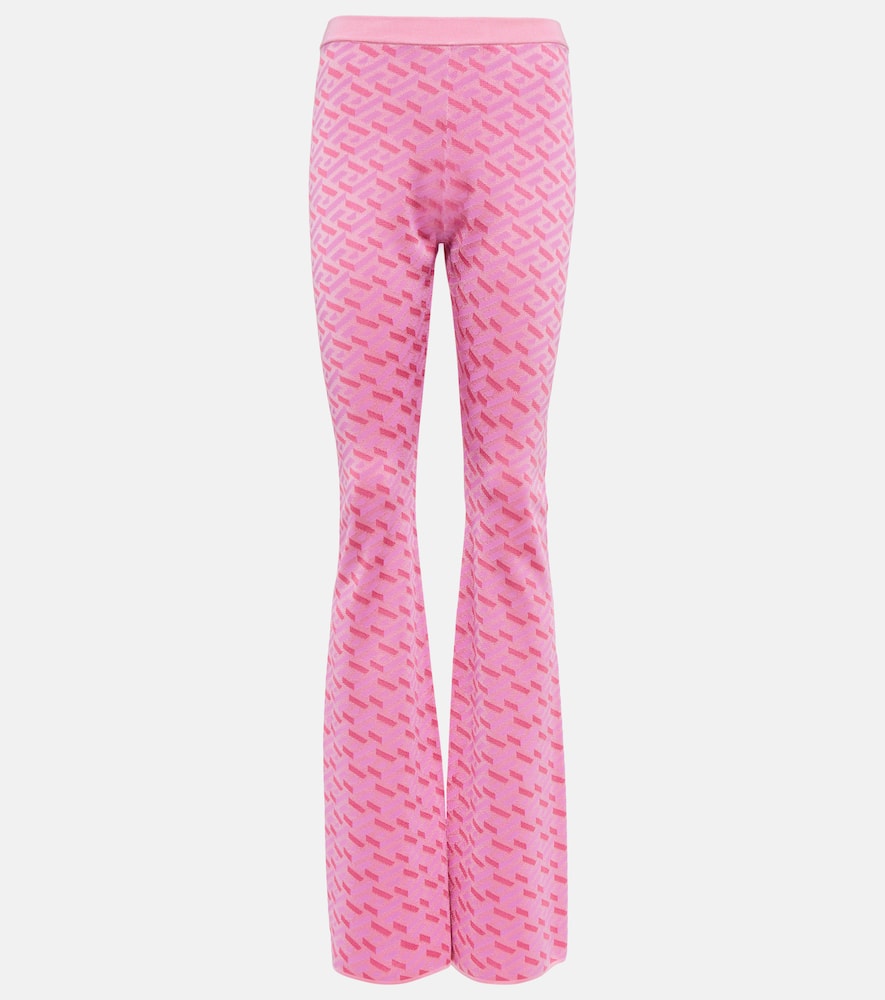 Versace La Greca Patterned Silk Blend Trousers In Pink+fuxia