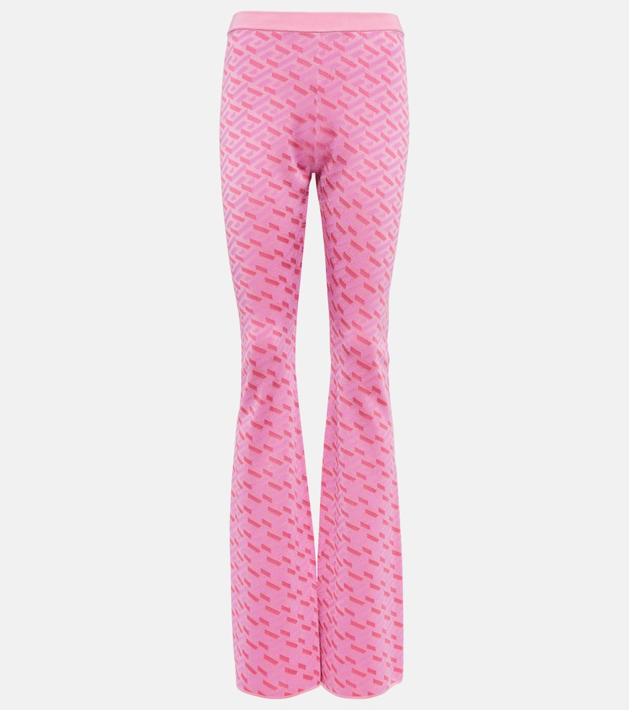 Shop Versace La Greca Jacquard Silk-blend Flared Pants In Pink+fuxia