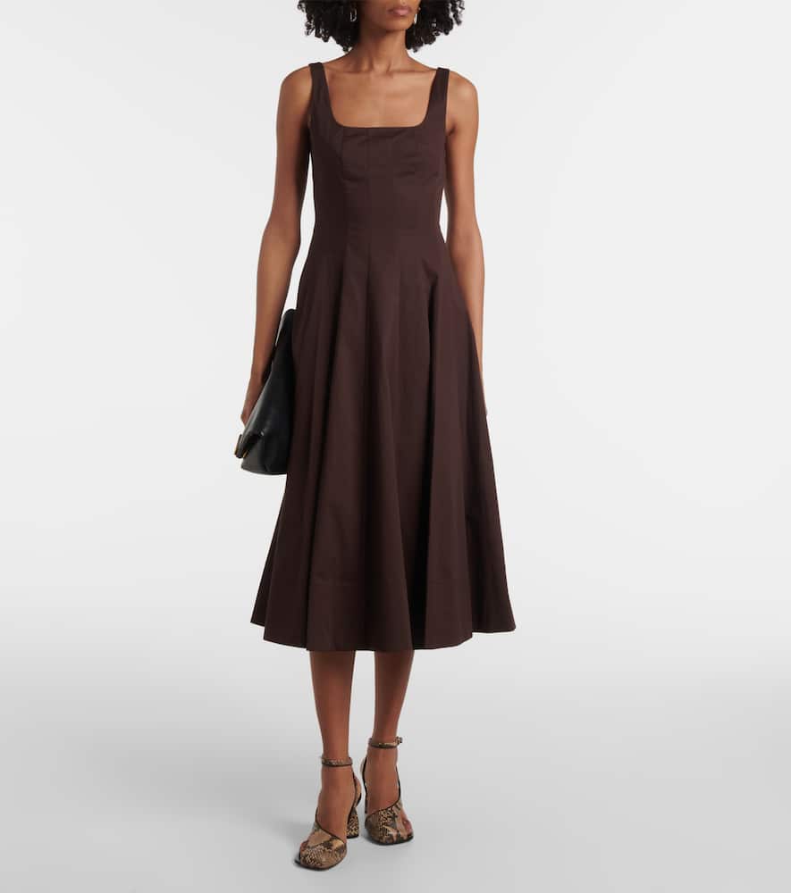 Shop Staud Wells Cotton Midi Dress In Braun