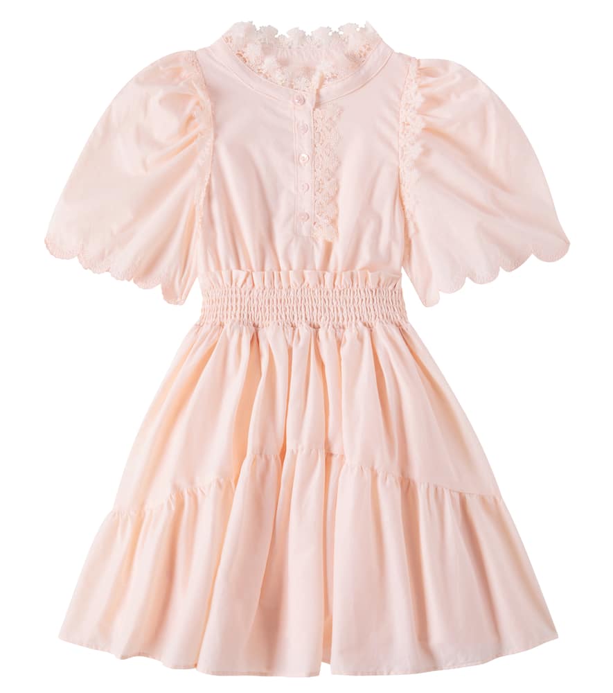 Petite Amalie Scalloped Shirred Lace-trimmed Cotton Dress In Pink