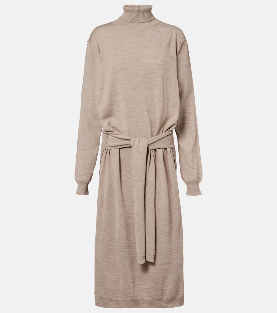 Lemaire Belted Wool-blend Turtleneck Midi Dress In Brown