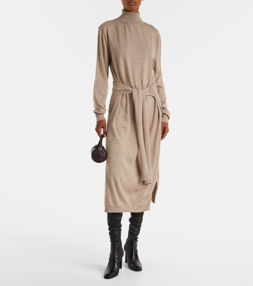 Lemaire Belted Wool-blend Turtleneck Midi Dress In Brown