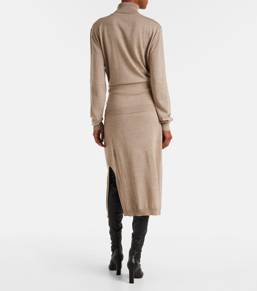 Lemaire Belted Wool-blend Turtleneck Midi Dress In Brown