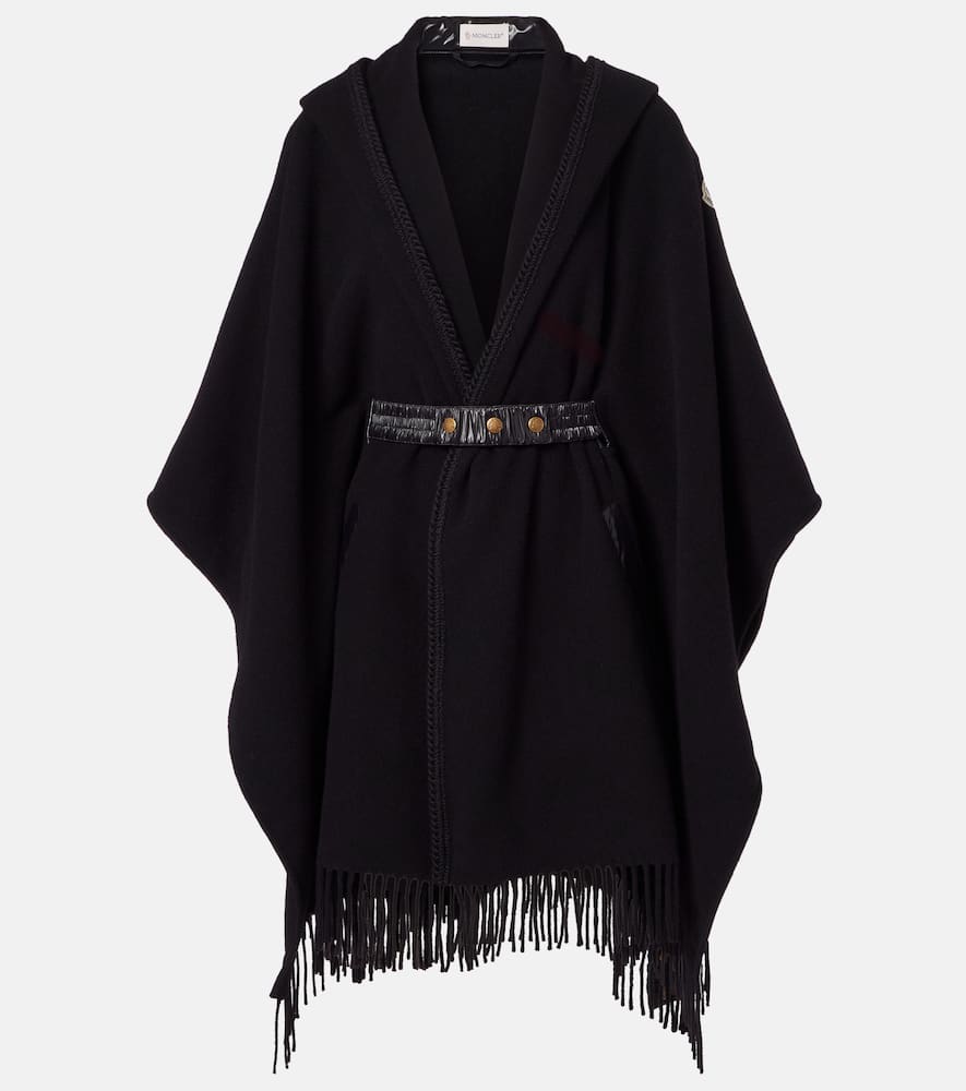 Moncler Hooded Cape With Belted Waist And Fringed Hem In Black