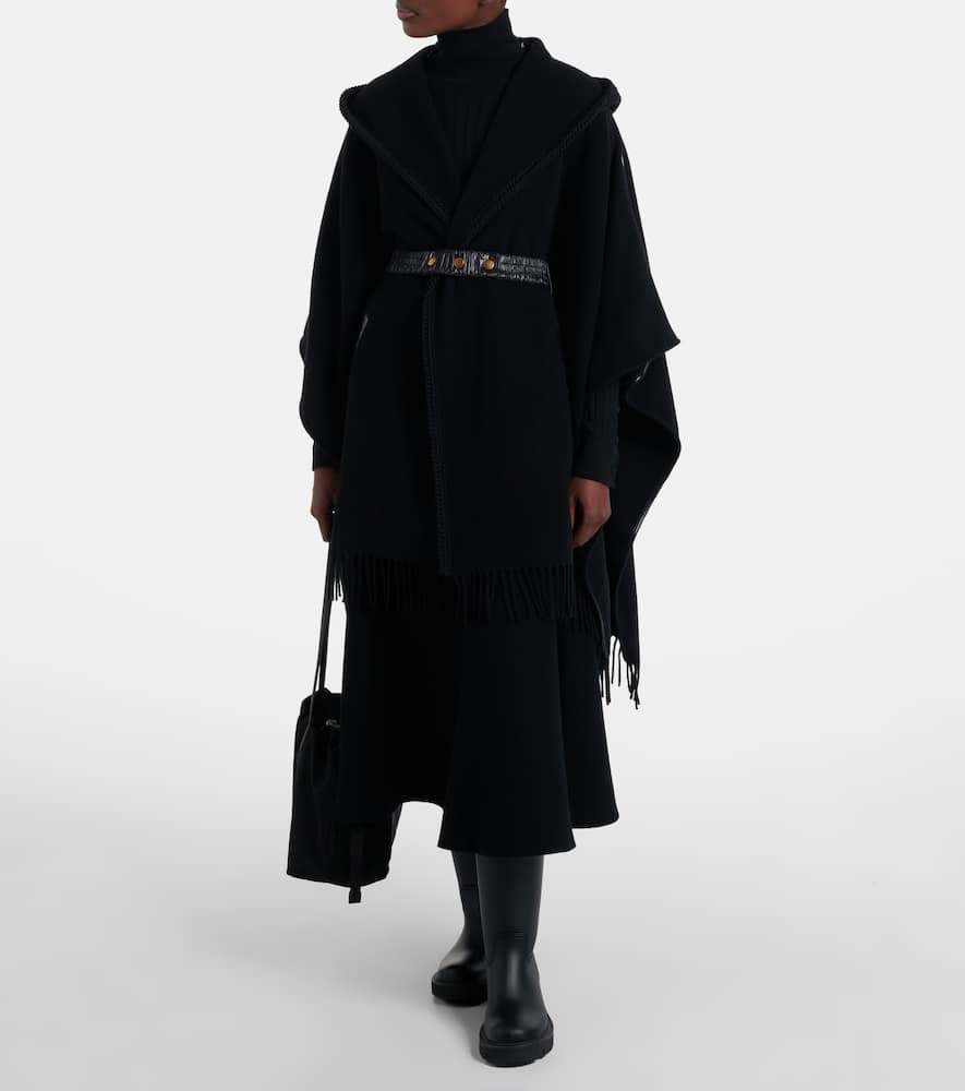 Moncler Hooded Cape With Belted Waist And Fringed Hem In Black
