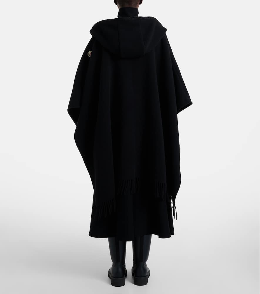 Moncler Hooded Cape With Belted Waist And Fringed Hem In Black