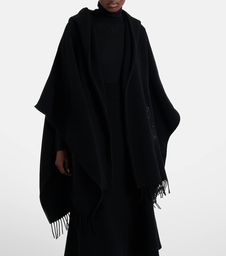 Moncler Hooded Cape With Belted Waist And Fringed Hem In Black