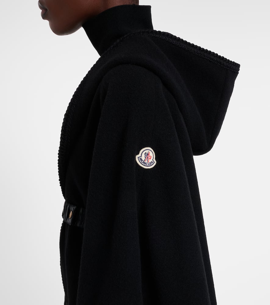 Moncler Hooded Cape With Belted Waist And Fringed Hem In Black