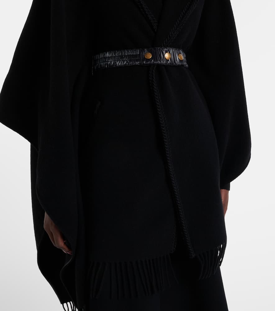 Moncler Hooded Cape With Belted Waist And Fringed Hem In Black