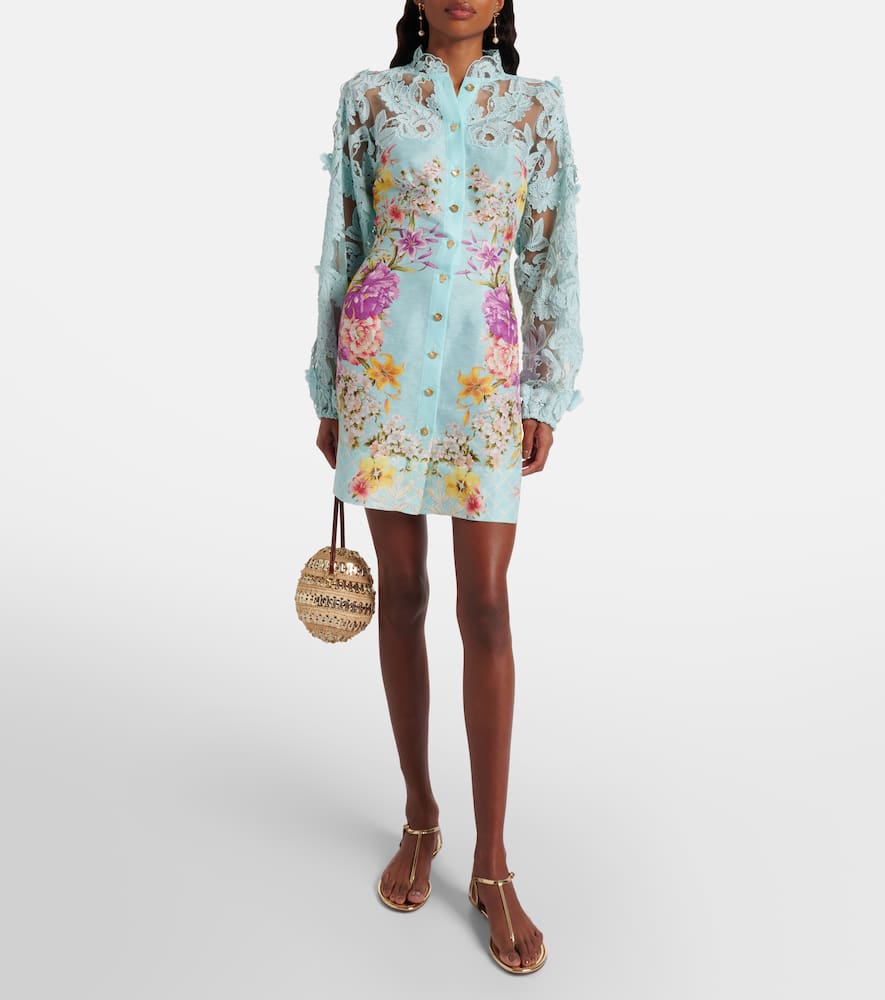 Camilla Embellished Lace-trimmed Linen And Silk Minidress In Blue