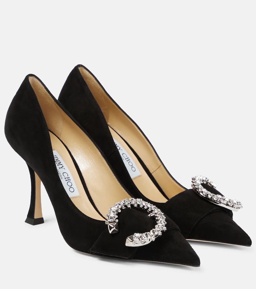 Shop Jimmy Choo Melva 90 Embellished Suede Pumps In Black/crystal