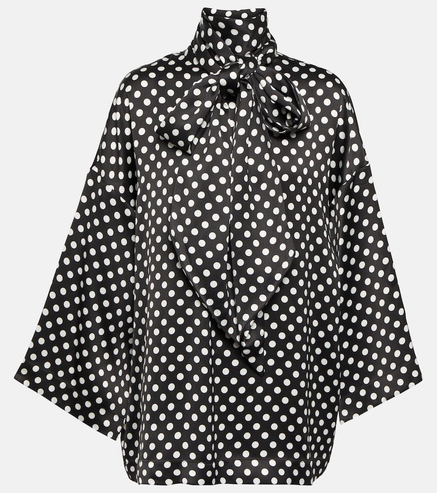 Saint Laurent Polka Dotted Satin Blouse In Noir Craie