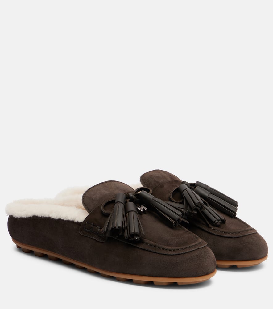 Hogan H693 Shearling-lined Suede Slippers In Brown