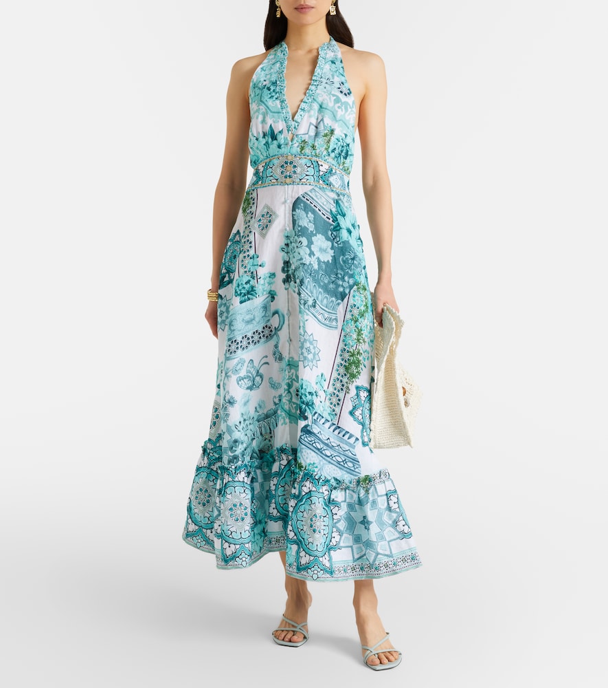 Camilla Embellished ruffled halterneck linen midi dress