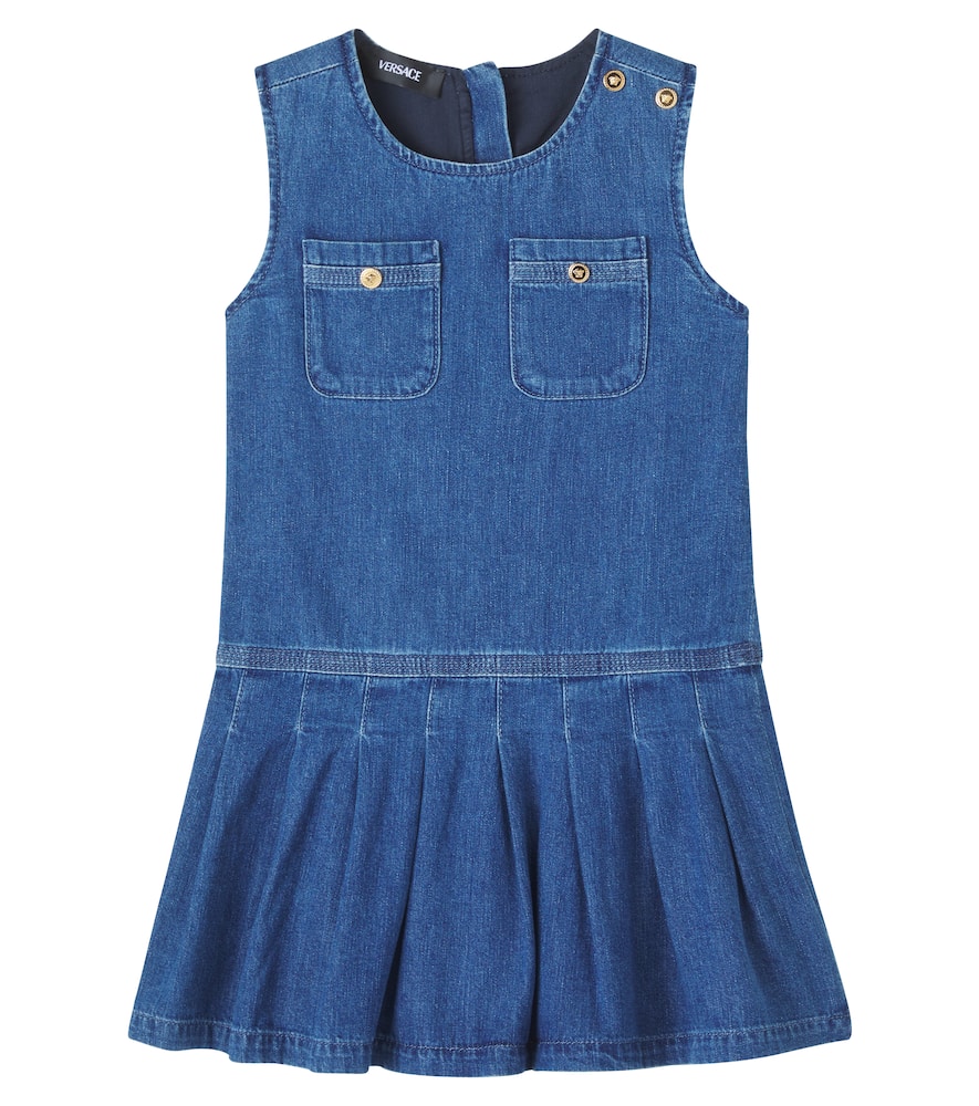 Versace Pleated Cotton Denim Dress In Blue