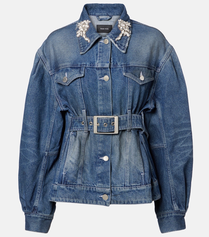 Simone Rocha Denim Jacket With Belt And Embellished Collar In Blue