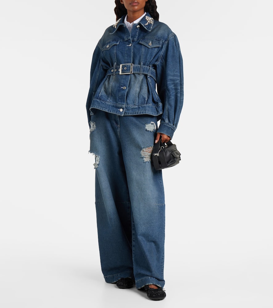 Simone Rocha Denim Jacket With Belt And Embellished Collar In Blue