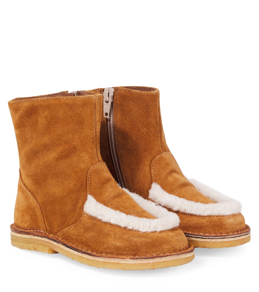 Pèpè Kids'  Shearling-trimmed Suede Boots In Brown