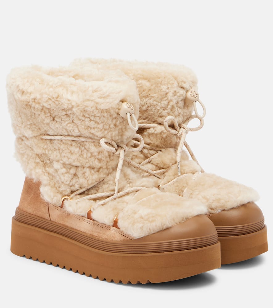Tory Burch Mellow Shearling And Suede Lace-up Boots In Brown