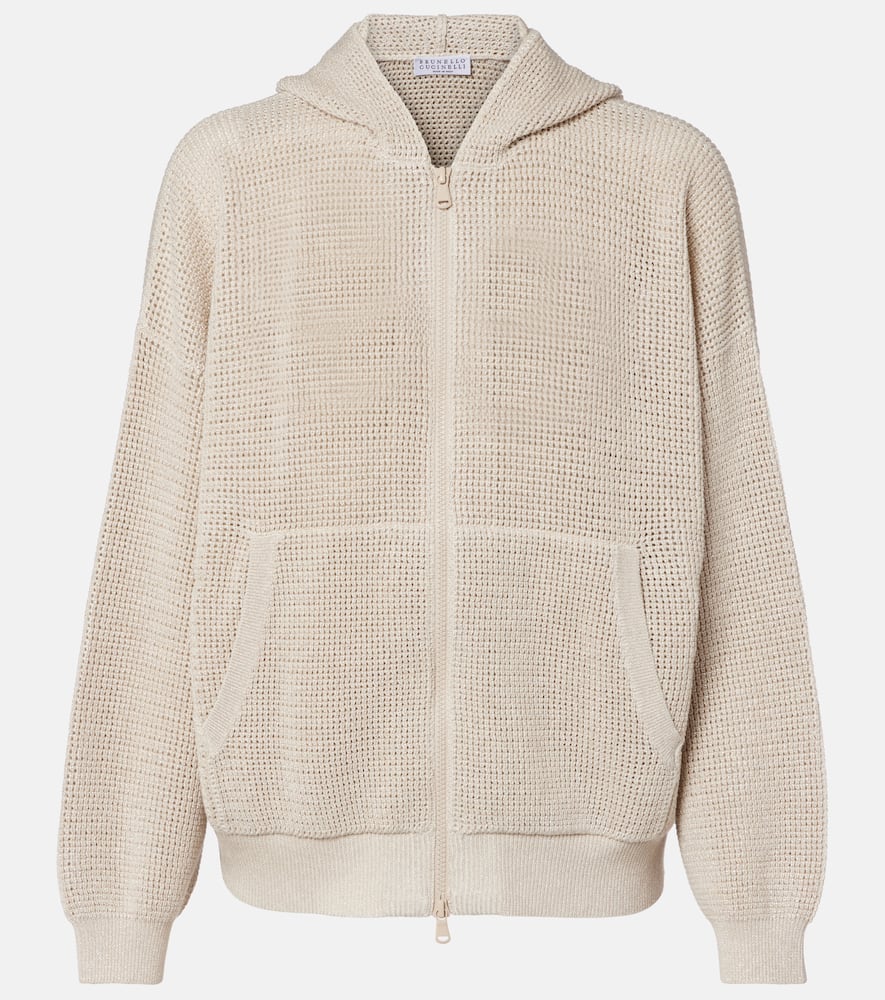 Brunello Cucinelli Open-knit Cotton-blend Lamé Zip-up Hoodie In Sand