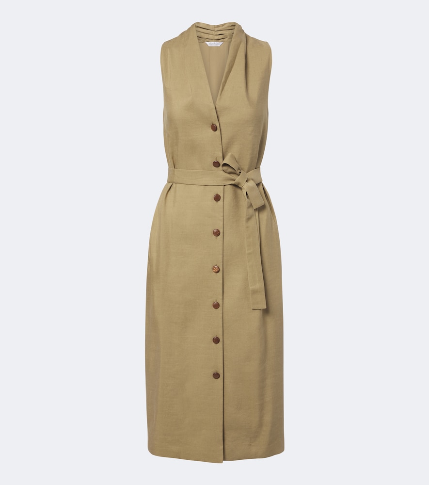 Max Mara Belted Linen And Silk Midi Dress In Beige