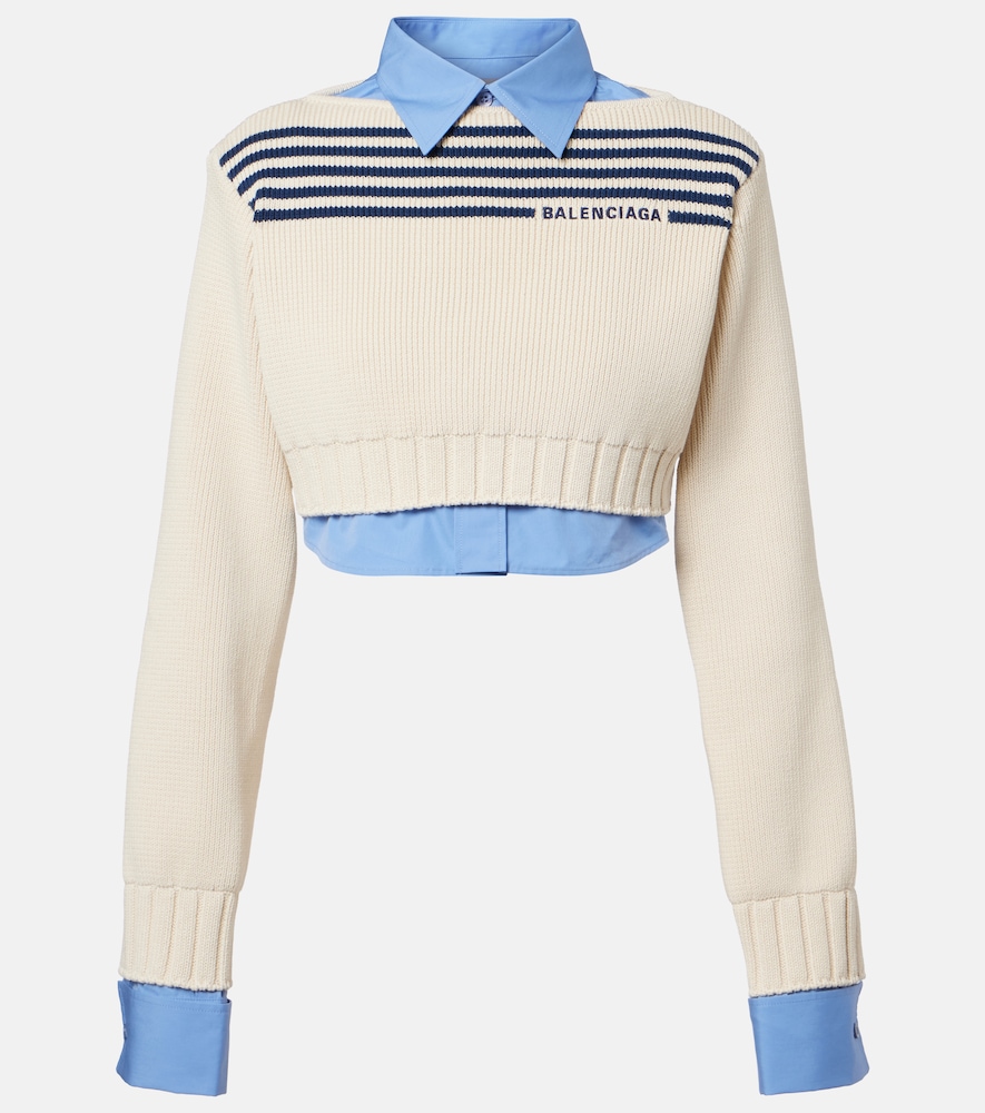 Balenciaga Striped Cropped Cotton Sweater In Neutral