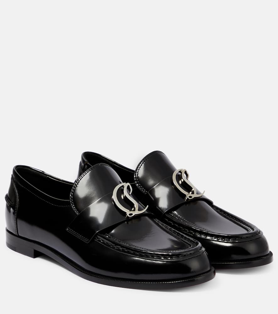 Shop Christian Louboutin Cl Moc Leather Loafers In Black/lin Black