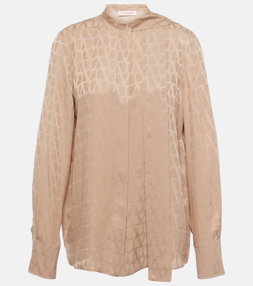 Shop Valentino Monogram Tie-neck Silk Blouse In Beige
