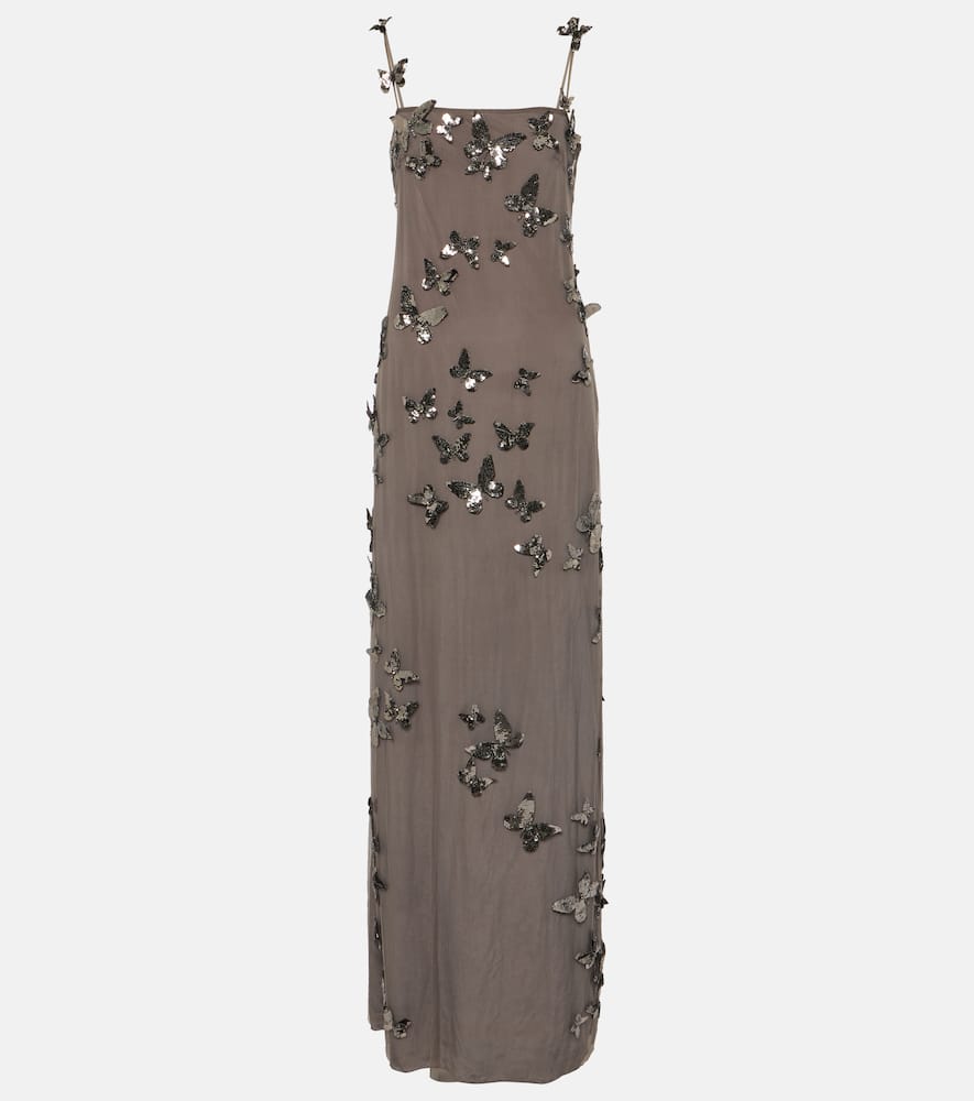 Blumarine Butterfly-appliqué Tulle Maxi Dress In Silver