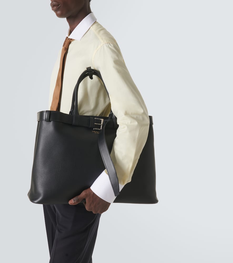 Prada Buckle Leather Handbag With Double Belt In Black