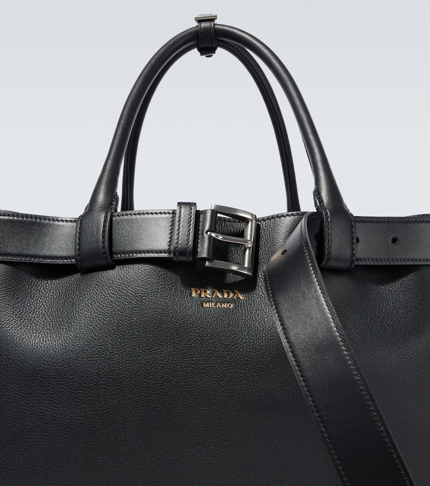 Prada Buckle Leather Handbag With Double Belt In Black