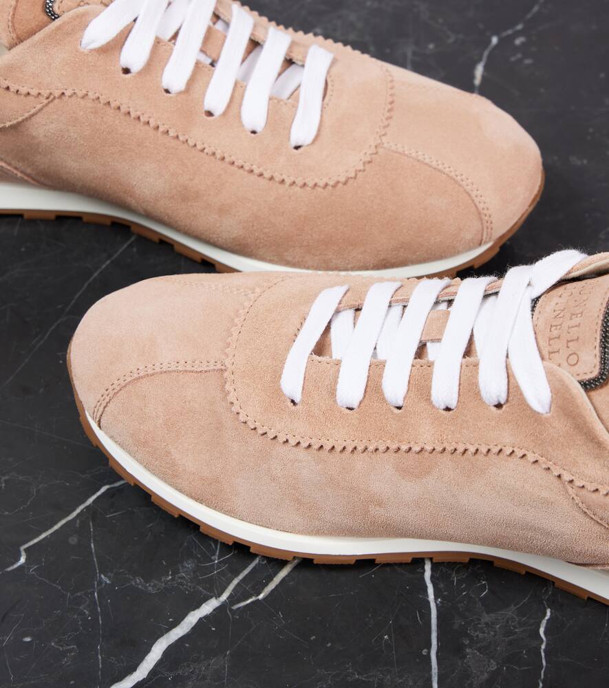 Brunello Cucinelli Chain Detail Suede Sneakers With Almond Toe In Orange