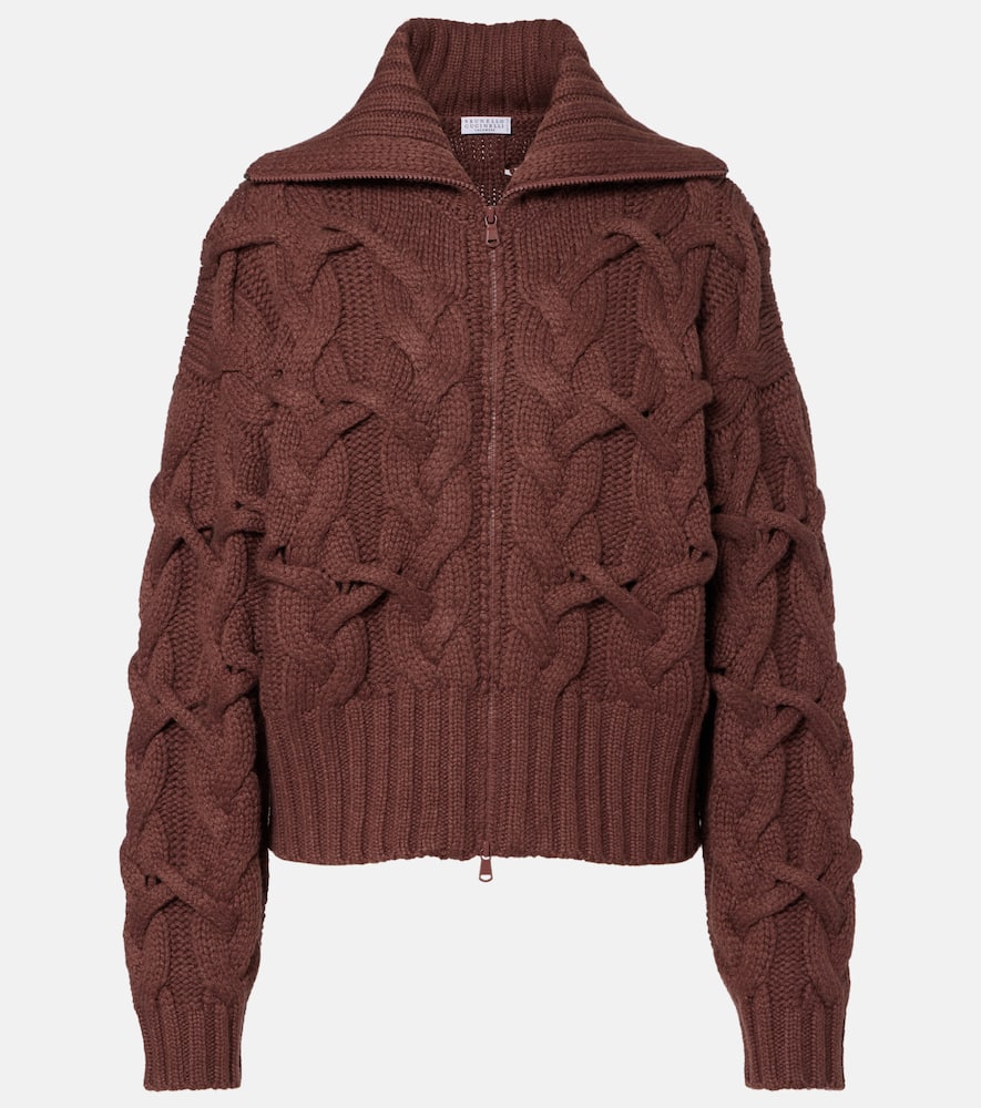 Brunello Cucinelli Cable-knit Cashmere Zip-up Cardigan In Brown