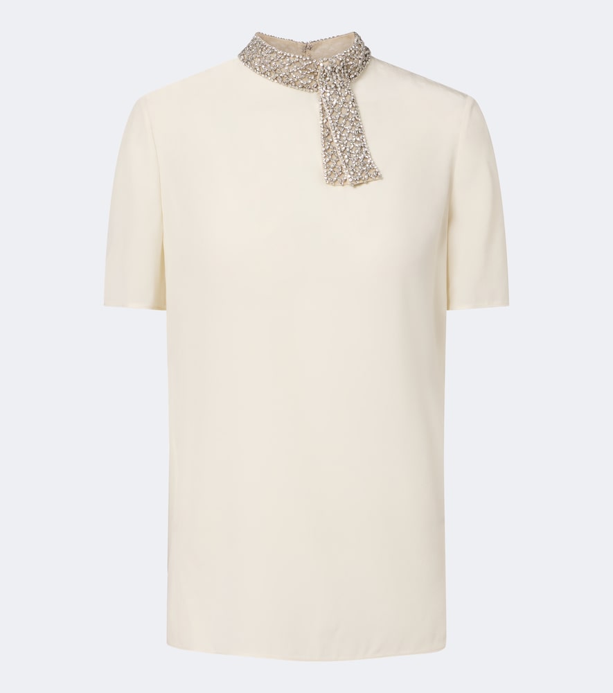 Valentino Verziertes Top Aus Seiden-crêpe De Chine In Beige