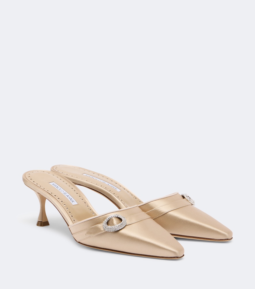 Manolo Blahnik Embellished Satin Mules In Beige