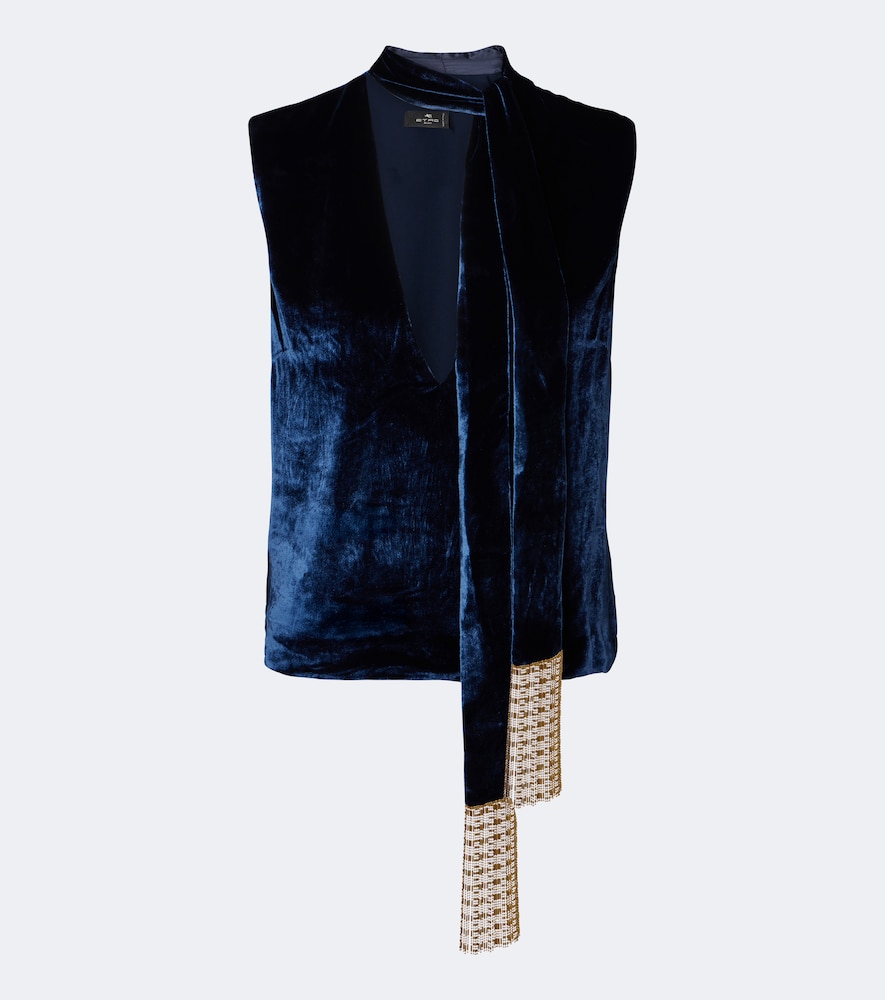 Fringed Tie-Neck Velvet Top