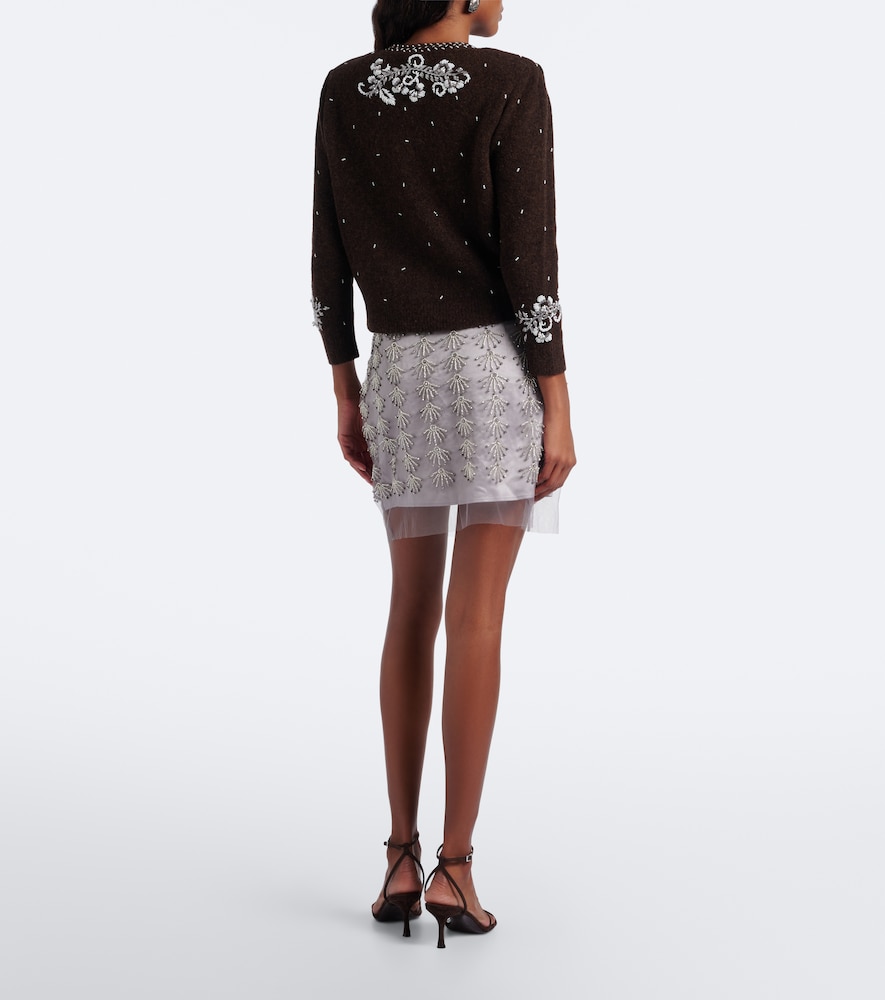 Beaded Leather-Trimmed Mesh Miniskirt