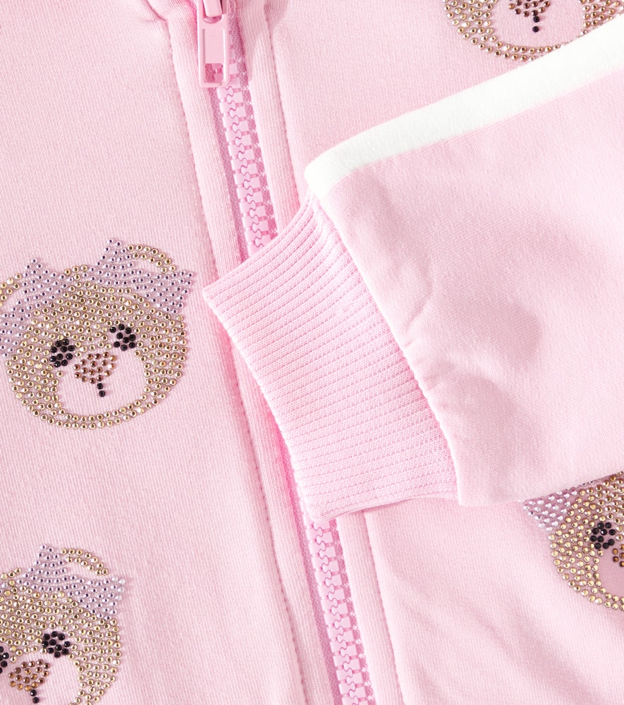 Monnalisa Zip-up Sweatshirt With Rhinestone Teddy Bears In Pink