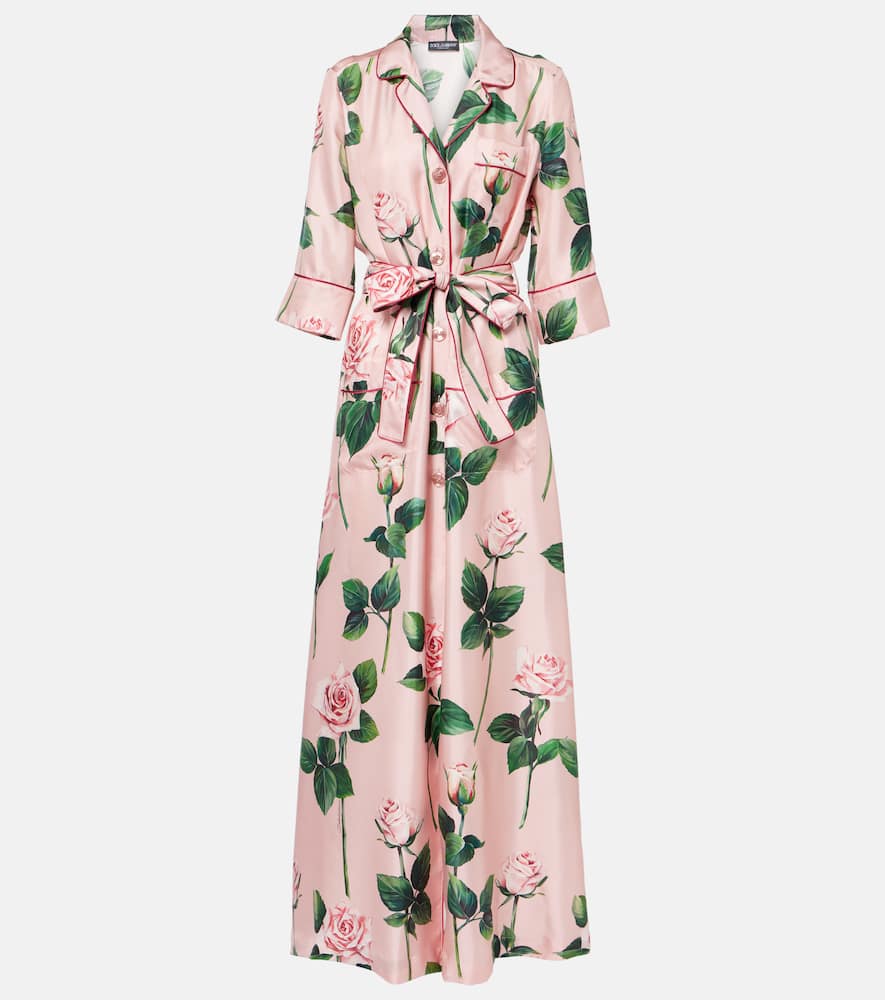 Floral belted silk satin maxi dress